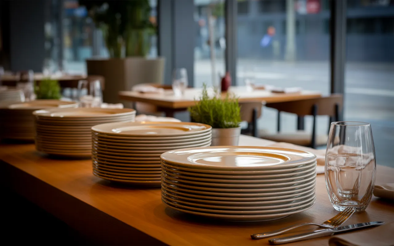 Comment optimiser la rentabilité de son restaurant en période creuse: restaurant contemporain calme, piles d’assiettes blanches en histogramme sur comptoir en bois, tables dressées, lumière douce, bokeh urbain.