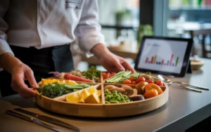 Comment anticiper la saisonnalité dans la gestion d’un restaurant: plateau rond en quatre saisons sur table en bois — agrumes et kale, asperges et petits pois, tomates et fraises, courge et champignons; mains de chef réorganisant, tablette aux graphiques abstraits, ustensiles inox, bokeh de salle, lumière chaude de fin d’après-midi.