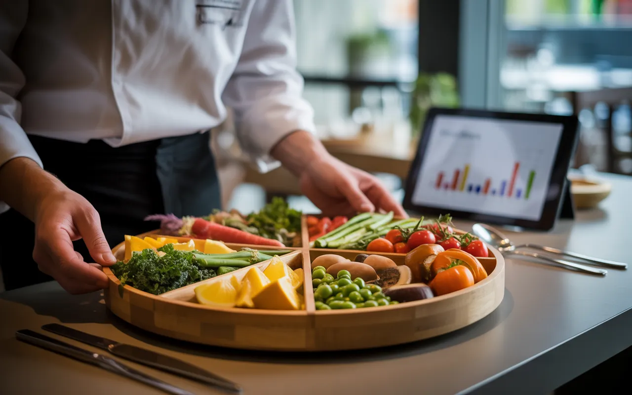 Comment anticiper la saisonnalité dans la gestion d’un restaurant: plateau rond en quatre saisons sur table en bois — agrumes et kale, asperges et petits pois, tomates et fraises, courge et champignons; mains de chef réorganisant, tablette aux graphiques abstraits, ustensiles inox, bokeh de salle, lumière chaude de fin d’après-midi.