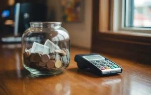 Comment gérer les pourboires et leur fiscalité: bocal de pourboires en verre rempli de pièces et billets, calculatrice, reçus et terminal de paiement sur comptoir de café en bois, arrière-plan flou.