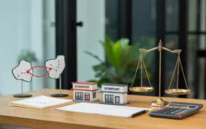 Créer un deuxième établissement : aspects comptables et financiers, illustrés par deux façades de magasin, une balance en laiton, une calculatrice et un graphique minimal sur un bureau en bois éclairé naturellement.