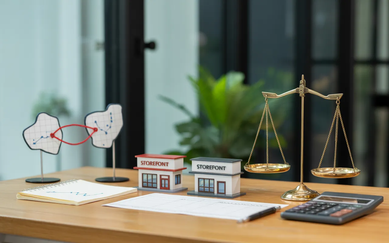 Créer un deuxième établissement : aspects comptables et financiers, illustrés par deux façades de magasin, une balance en laiton, une calculatrice et un graphique minimal sur un bureau en bois éclairé naturellement.