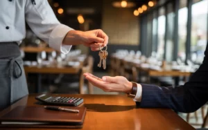 Les aides financières disponibles pour créer un restaurant en 2025 : poignée de main avec remise de clés entre un chef en tablier et un conseiller, sur une table en bois, intérieur de bistro moderne.