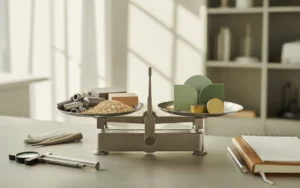 Gestion des marges et des coûts matières : les bonnes pratiques, bureau moderne avec balance de précision centrée; gauche: boulons acier, granulés plastiques, copeaux de bois, tissu; droite: jetons budget en verre mat vert et doré; pied à coulisse et loupe, arrière-plan supply chain flou.