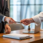 Comment bien gérer les contrats de travail dans la restauration: scène RH en restaurant; manager et chef échangent un stylo au-dessus de contrats (sans texte lisible) sur clipboard, laptop flou, cuisine ouverte.