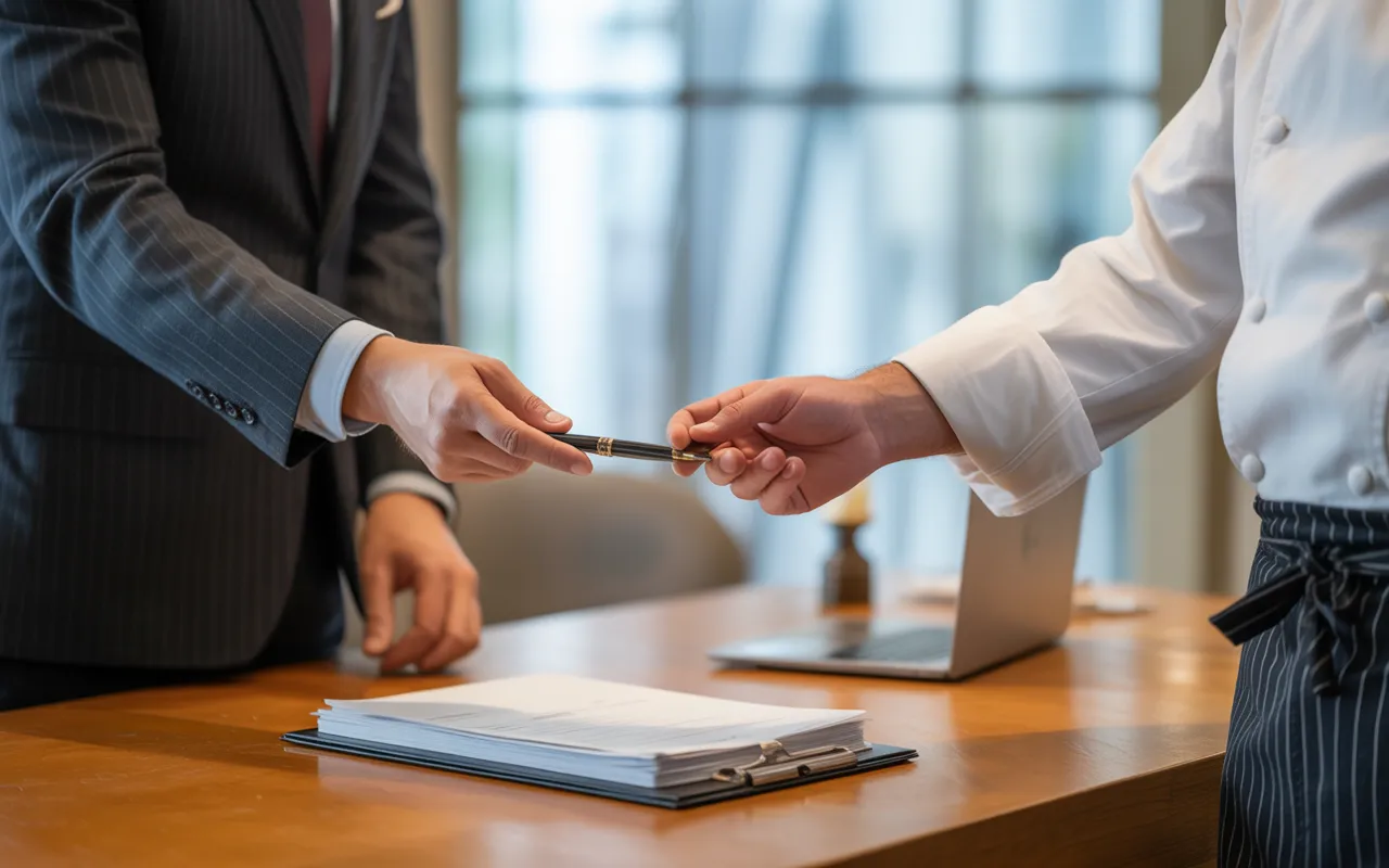 Comment bien gérer les contrats de travail dans la restauration: scène RH en restaurant; manager et chef échangent un stylo au-dessus de contrats (sans texte lisible) sur clipboard, laptop flou, cuisine ouverte.