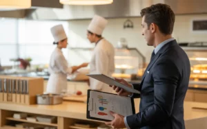 Le rôle du commissaire aux comptes dans la restauration en 2025: mains d’un auditeur en costume bleu marine manipulant tablette et dossier aux graphiques abstraits au passe d’un restaurant moderne, chef flou en cuisine ouverte.