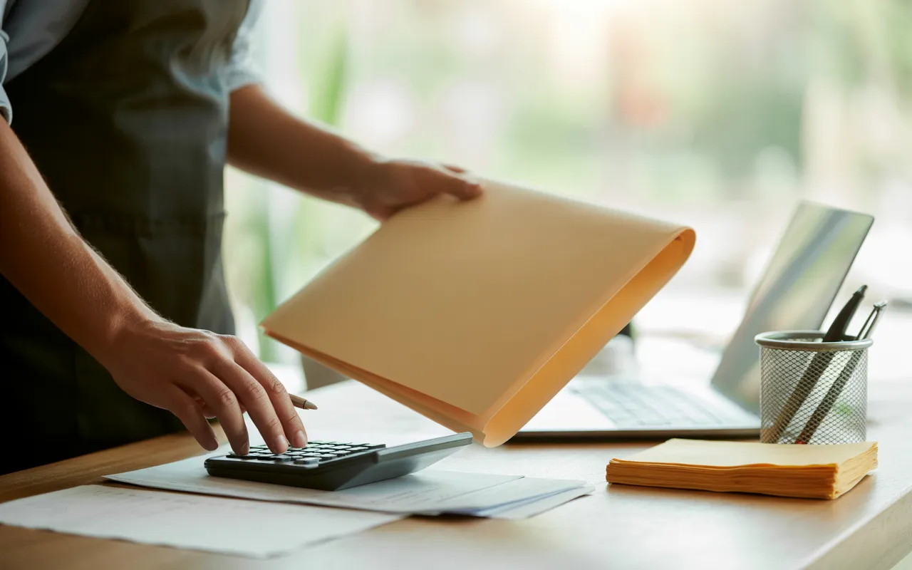 Mains d’un restaurateur au comptoir, calculatrice et dossier: calculs et obligations, guide 2025 pour restaurateurs; factures floues, ordinateur et ustensiles.