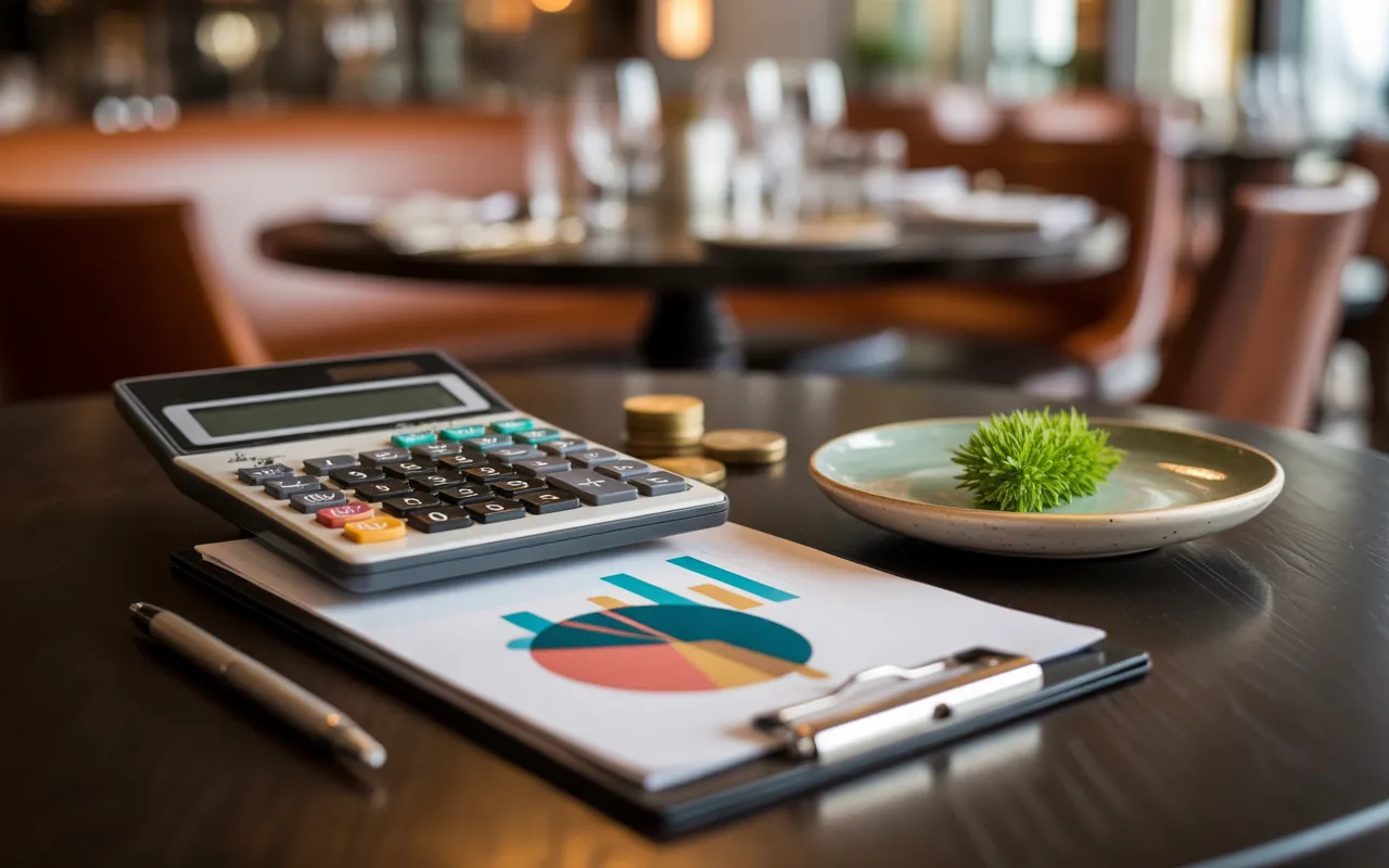 Vignette hyperréaliste 16:9: calculatrice éteinte et clipboard avec graphiques nets sur table en bois sombre, assiette gastronomique minimaliste, stylo et pièces; bokeh de restaurant chic, éclairage chaud — La rentabilité d’un restaurant : ratios clés à surveiller.