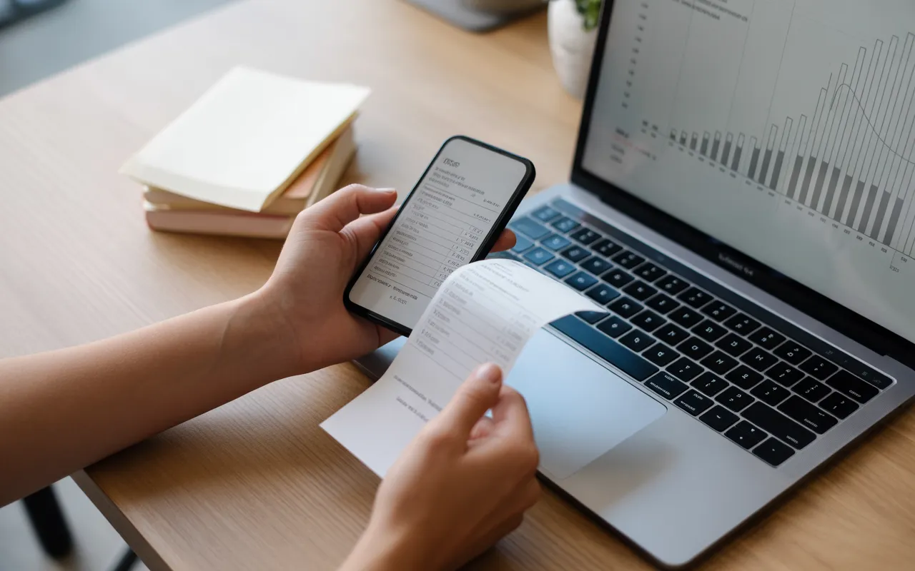 Comment passer à la digitalisation de sa comptabilité: main scannant un reçu vierge avec smartphone sur bureau moderne, laptop aux graphiques abstraits, petite pile de papiers, transition papier vers numérique.