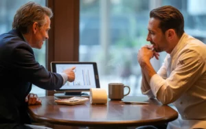 Les avantages d’un expert-comptable spécialisé restauration: expert-comptable en blazer bleu et cheffe en veste blanche collaborent autour d’une tablette dans un restaurant moderne, lumière douce.