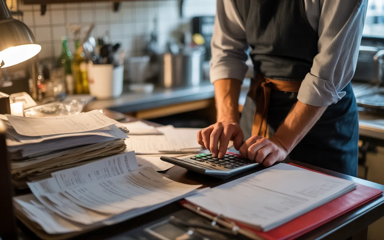 Les erreurs comptables les plus fréquentes chez les restaurateurs: arrière-bureau d’un petit bistrot avec amas de reçus froissés et calculatrice éteinte au point focal, mains tendues du restaurateur, tasse de café et dossier rouge, éclairage chaud/froid et faible profondeur de champ.