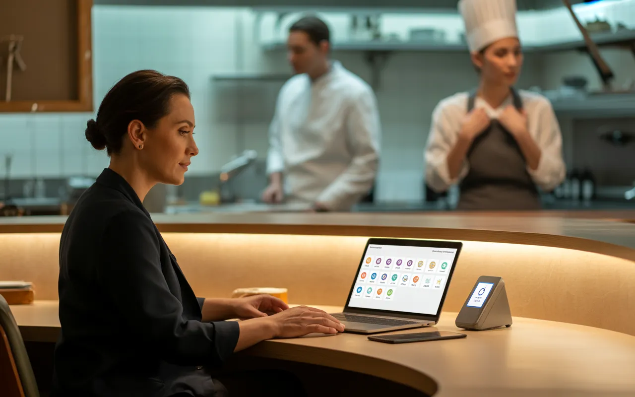 Les obligations sociales d’un restaurateur en 2025 : restaurateur au bureau, gestion RH du personnel, planning sur laptop et tablette, badgeuse; cuisine ouverte avec chef et serveur.
