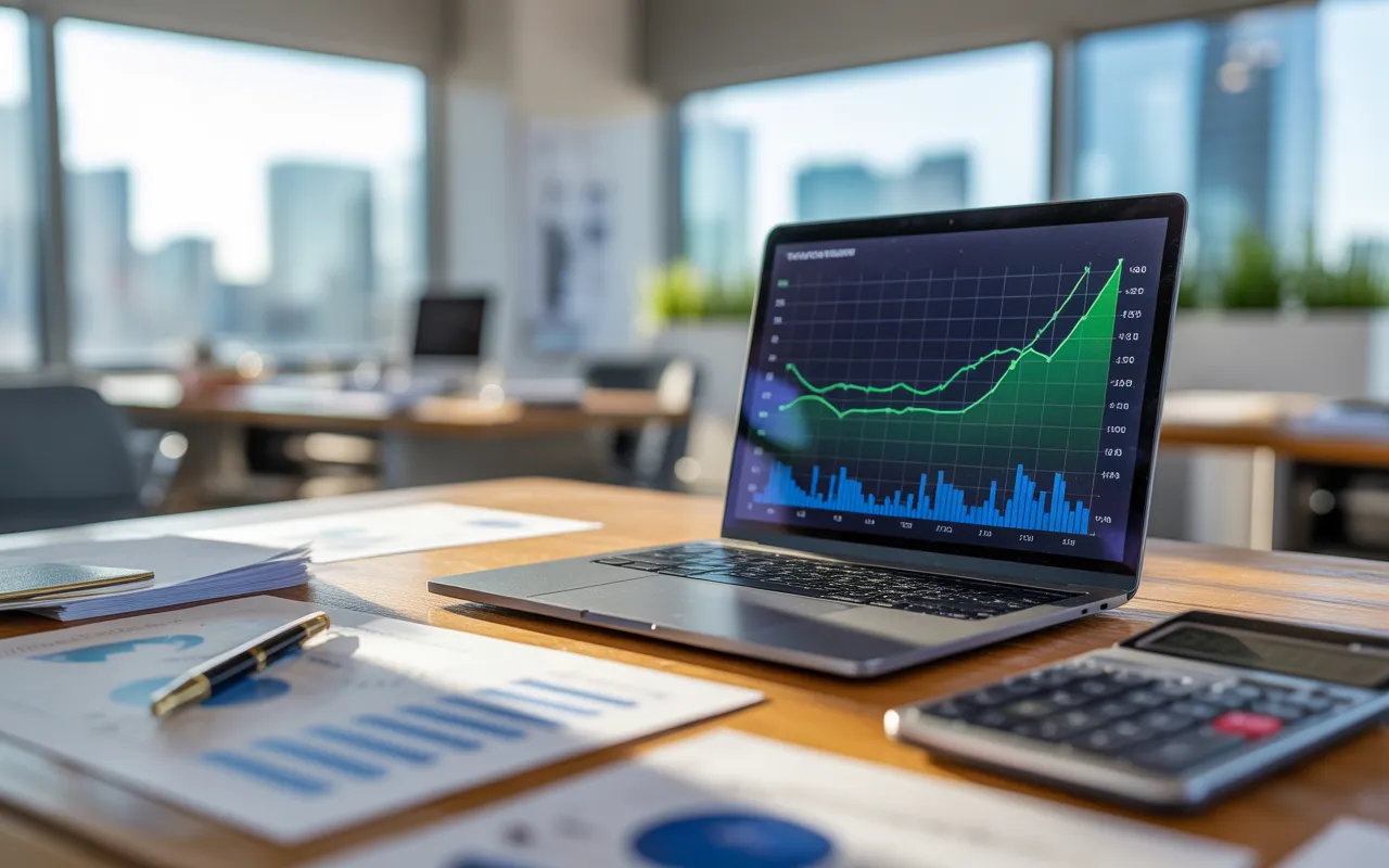 Vue plongeante d’un bureau moderne avec ordinateur affichant tableau de bord financier, calculette et documents, illustrant l’analyse budgétaire, la maîtrise des coûts et optimisations dans une ambiance professionnelle lumineuse.