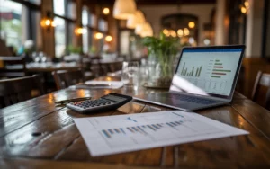 Plan large horizontal 16:9 montrant une table en bois avec ordinateur affichant des graphiques flous, calculatrice et documents financiers dans un restaurant bistronomique moderne, illustrant un Audit financier d’un restaurant : pourquoi et quand le réaliser ?, ambiance chaleureuse et professionnelle.