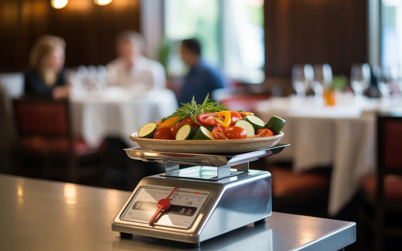 Vignette photo-réaliste illustrant « Comment gérer les coûts matières pour augmenter la rentabilité d’un restaurant ? » : plan de travail de cuisine professionnelle avec balance électronique pesant des légumes frais en inox, carnet ou tablette affichant un tableau de coûts flouté, et arrière-plan bokeh d’un restaurant moderne et chaleureux.