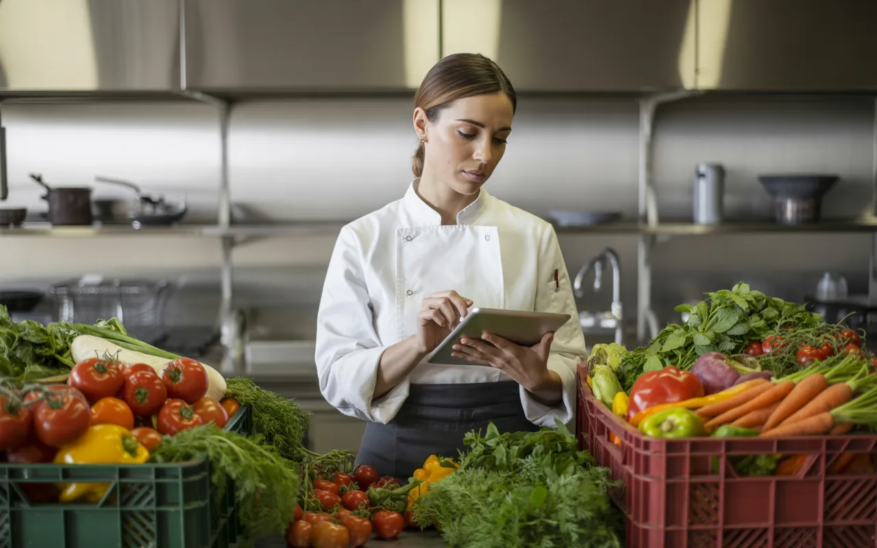 Gestion des stocks en restauration : méthodes et astuces pour réduire les pertes. Chef en tenue blanche inspectant avec une tablette des caisses de légumes frais soigneusement rangés sur un comptoir de cuisine professionnelle moderne, arrière-plan inox ordonné et légèrement flou, lumière claire et ambiance propre.
