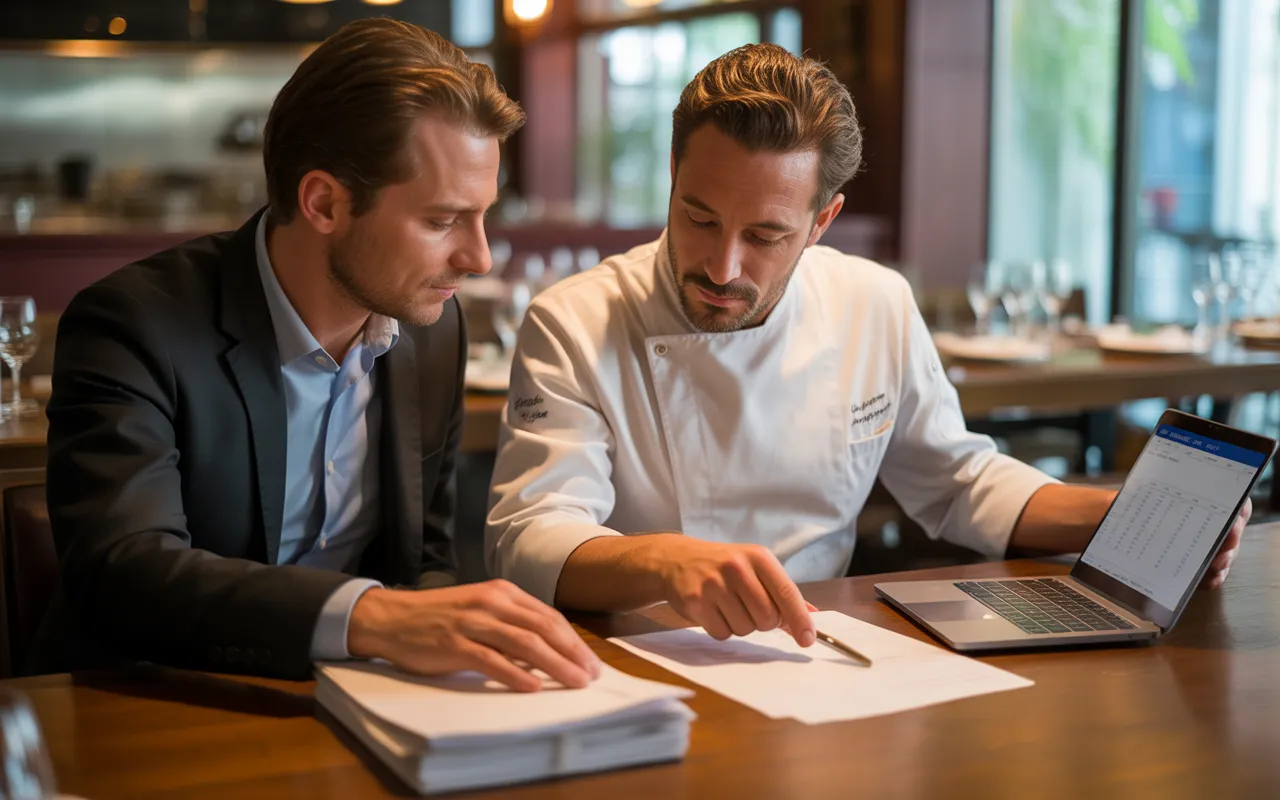Vignette photo-réaliste montrant un gérant de restaurant et un chef en tenue blanche analysant côte à côte, à une table en bois clair, des documents de paie, un ordinateur portable et une calculatrice sur le thème « Fiscalité du personnel en restauration : obligations », dans l’ambiance chaleureuse d’un restaurant contemporain européen.
