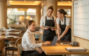 Scène photo-réaliste d’un manager RH organisant les plannings de congés avec son équipe dans un restaurant moderne, illustrant congés : comment gérer les RH dans un restaurant ?