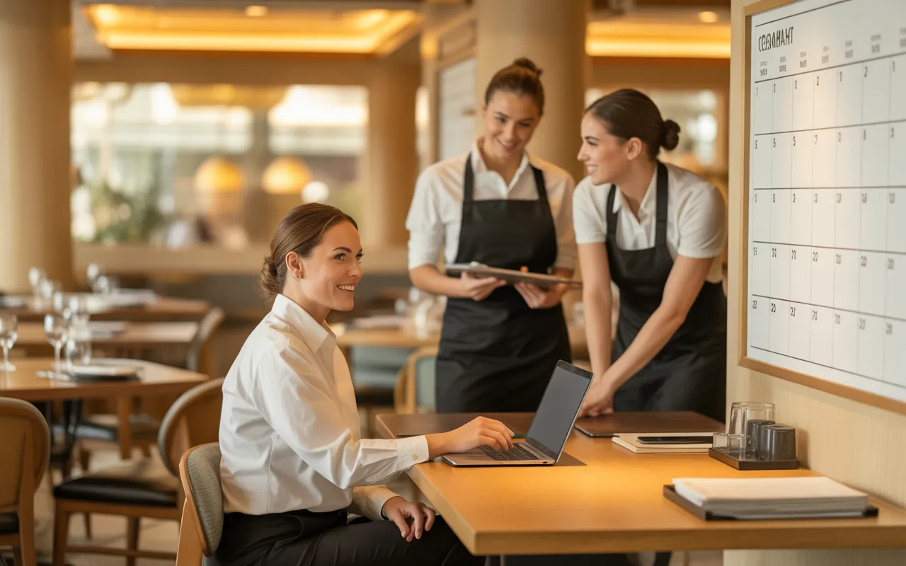 Scène photo-réaliste d’un manager RH organisant les plannings de congés avec son équipe dans un restaurant moderne, illustrant congés : comment gérer les RH dans un restaurant ?