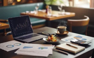 Vignette photo-réaliste montrant le bureau d’un restaurateur préparant un Business Plan pour restaurant : modèle et points clés à ne pas rater., avec ordinateur portable, documents financiers flous, calculatrice, carnet, tasse de café et plat gastronomique sur table en bois sombre, intérieur de restaurant moderne en arrière-plan flou.