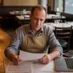 Propriétaire de bistrot inquiet devant factures, calculatrice et ordinateur dans une salle presque vide, illustrant Que faire en cas de difficultés financières dans son restaurant ?