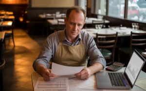 Propriétaire de bistrot inquiet devant factures, calculatrice et ordinateur dans une salle presque vide, illustrant Que faire en cas de difficultés financières dans son restaurant ?