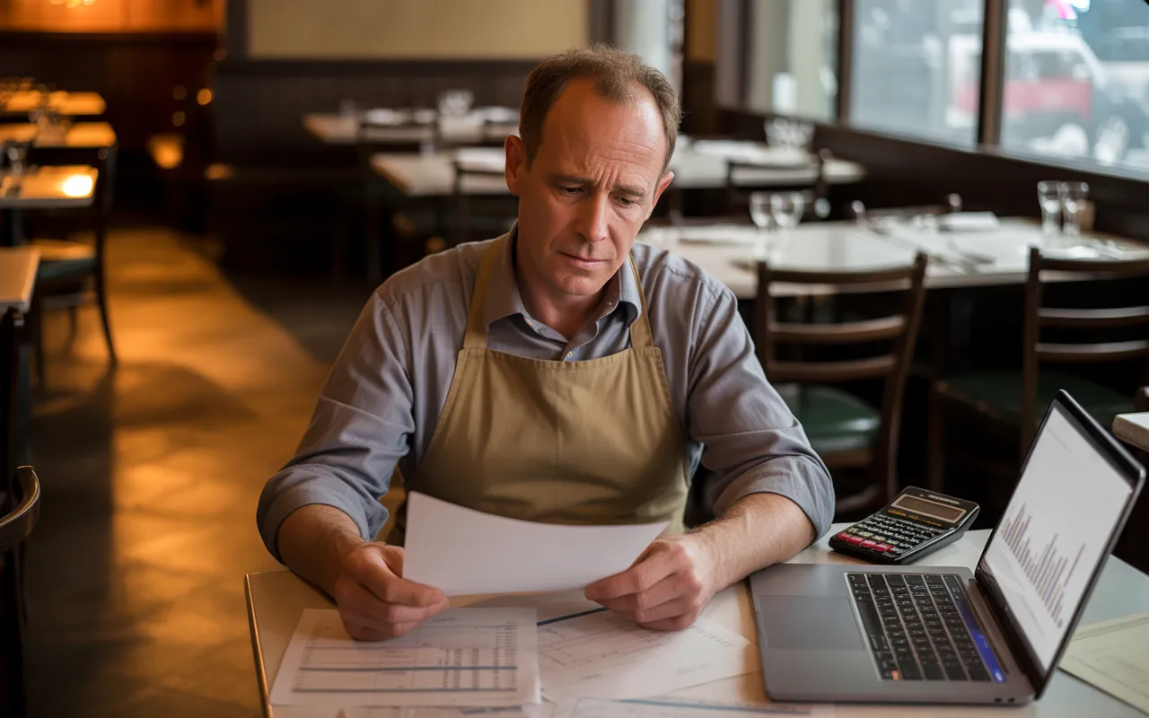 Propriétaire de bistrot inquiet devant factures, calculatrice et ordinateur dans une salle presque vide, illustrant Que faire en cas de difficultés financières dans son restaurant ?