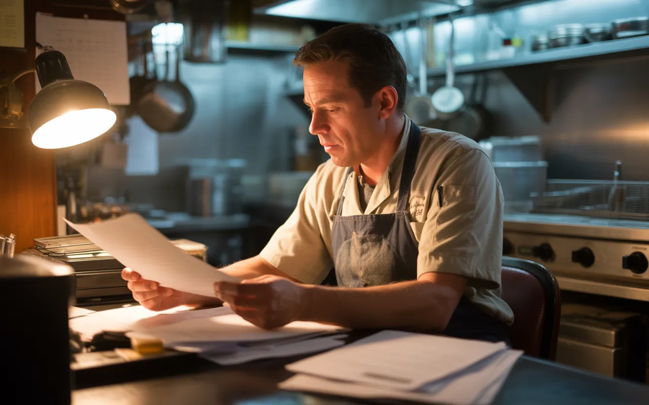 Scène photoréaliste illustrant Les erreurs comptables les plus fréquentes chez les restaurateurs (et comment les éviter) : un restaurateur fatigué en tenue de cuisine travaille en fin de journée dans un petit bureau encombré de factures, reçus et ordinateur, cuisine professionnelle floue en arrière-plan.