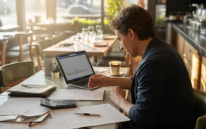 Vignette photo-réaliste horizontale montrant un restaurateur en chemise et tablier assis à une table de travail en bois, entouré d’ordinateur portable, factures, classeur, calculatrice et café, en train de gérer l’Ouverture d’un restaurant : les obligations comptables et administratives., avec en arrière-plan une salle de restaurant moderne et chaleureuse et une cuisine ouverte légèrement floue.