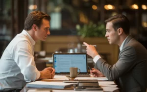 Scène photo-réaliste illustrant « Comment choisir le meilleur statut juridique pour un restaurant ? » : un restaurateur en veste de cuisine et une conseillère juridique en tenue professionnelle discutent côte à côte autour d’une table de restaurant moderne, penchés sur des documents et un ordinateur portable, en lumière naturelle chaleureuse avec arrière-plan flou.