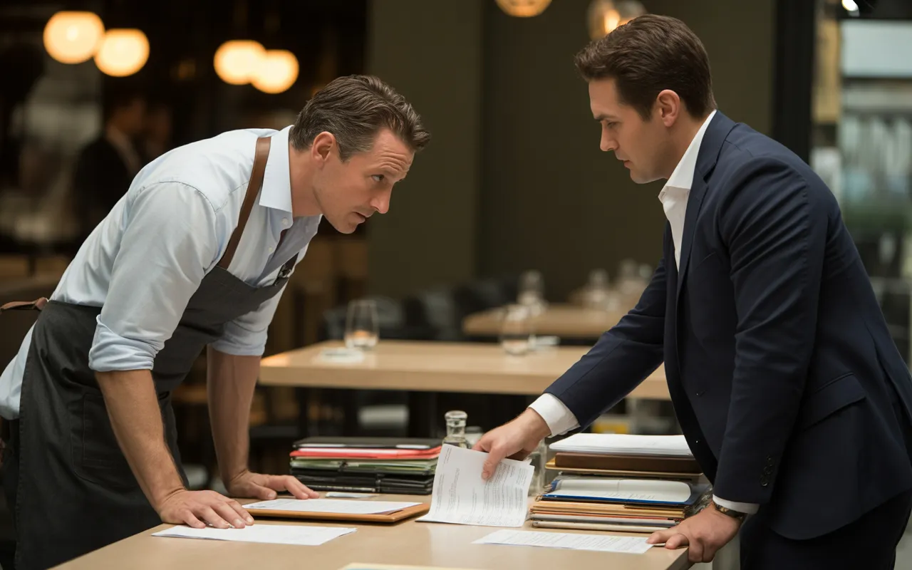 Scène ultra réaliste illustrant « Comment préparer un contrôle fiscal quand on est restaurateur ? » : un restaurateur en tablier assis à une table de restaurant transformée en bureau, triant factures et dossiers avec un contrôleur fiscal en costume qui lui explique des documents, arrière‑plan de salle de restaurant moderne légèrement flou.