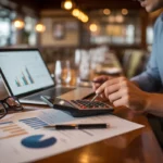 Vignette photo-réaliste d’une table en bois dans un restaurant moderne, avec documents financiers, ordinateur portable, calculatrice et mains d’un repreneur en train d’analyser les comptes au premier plan, flou artistique sur la salle en arrière-plan, illustrant la “Reprise d’un restaurant : les points comptables à vérifier absolument.”