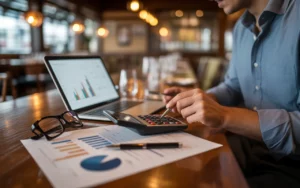 Vignette photo-réaliste d’une table en bois dans un restaurant moderne, avec documents financiers, ordinateur portable, calculatrice et mains d’un repreneur en train d’analyser les comptes au premier plan, flou artistique sur la salle en arrière-plan, illustrant la “Reprise d’un restaurant : les points comptables à vérifier absolument.”