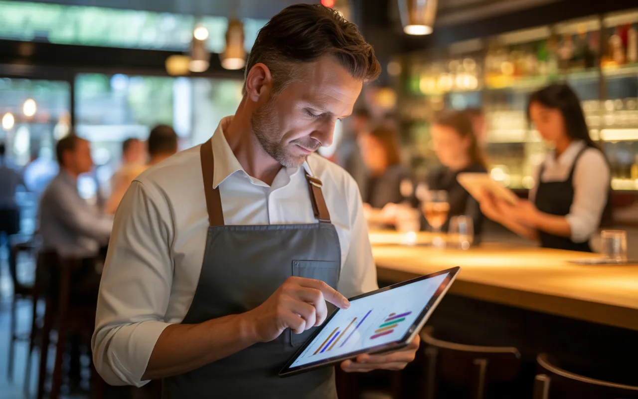Les tendances du secteur restauration en 2025 et leur impact sur la gestion financière., manager de restaurant analysant sur tablette un tableau de bord financier dans un bistrot moderne et connecté.