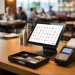 Scène photo-réaliste dans un restaurant moderne, gros plan sur un terminal de caisse tactile avec icônes colorées, pictogramme de bouclier et check vert près du tiroir-caisse ouvert, illustrant Quel logiciel de caisse choisir pour être conforme en restauration ?, avec en arrière-plan flou une salle lumineuse animée par les clients, les serveurs et une cuisine ouverte.