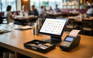 Scène photo-réaliste dans un restaurant moderne, gros plan sur un terminal de caisse tactile avec icônes colorées, pictogramme de bouclier et check vert près du tiroir-caisse ouvert, illustrant Quel logiciel de caisse choisir pour être conforme en restauration ?, avec en arrière-plan flou une salle lumineuse animée par les clients, les serveurs et une cuisine ouverte.