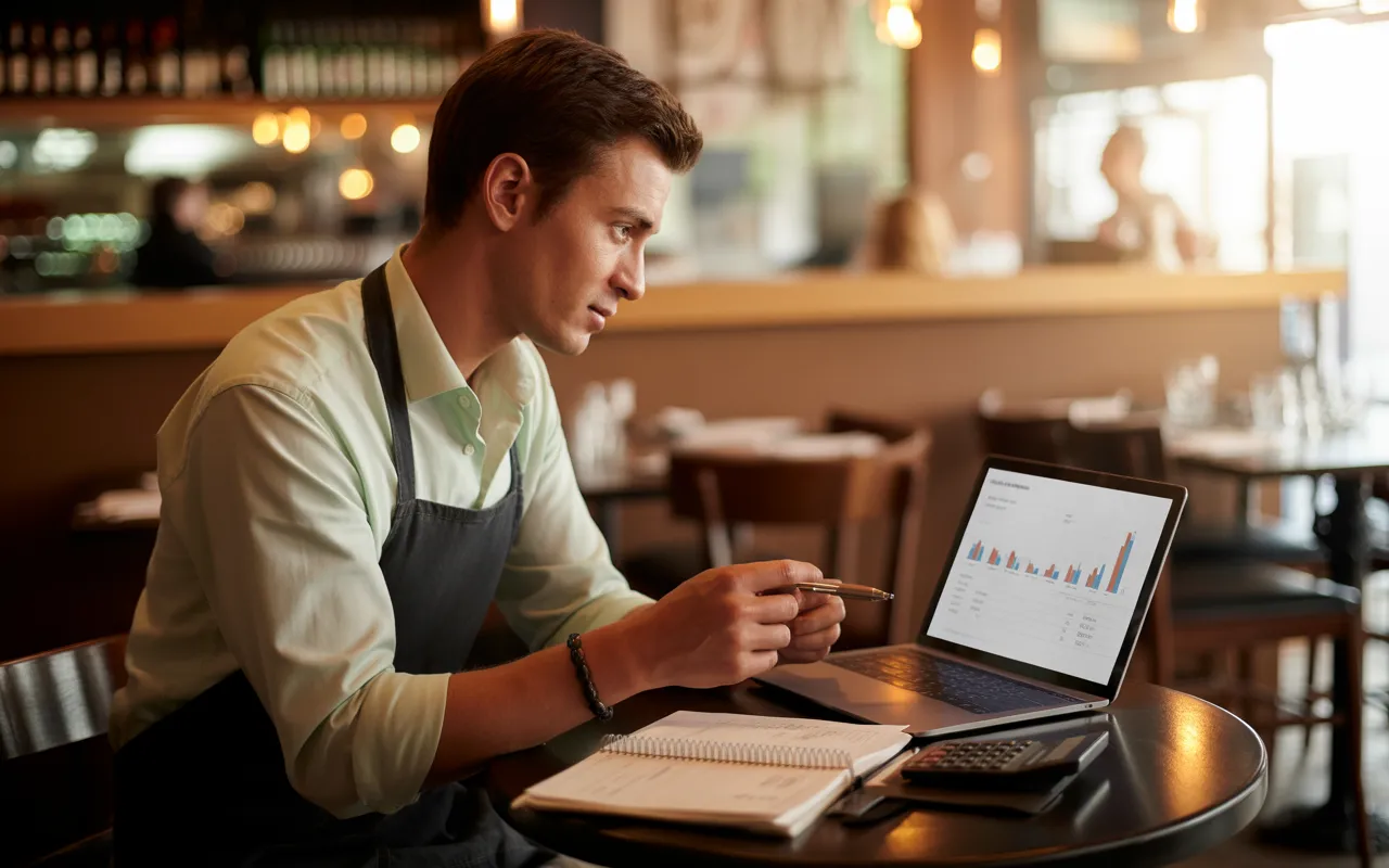 Jeune restaurateur concentré devant son ordinateur portable, entouré de factures, carnet de notes, calculatrice et cahier comptable sur une table en bois dans un petit restaurant moderne, illustrant Comment bien gérer la comptabilité d’un restaurant quand on débute ?, avec arrière-plan du comptoir et des tables légèrement flou pour une ambiance professionnelle et chaleureuse.