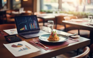 Comment analyser la marge d’un restaurant : méthodes simples et efficaces. Vue en plongée d’une table de restaurant avec ordinateur aux graphiques colorés, calculatrice, feuilles de calcul et plat gastronomique dans une salle moderne floutée.