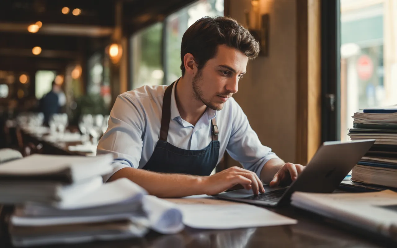 Charges sociales en restauration : ce qu’un restaurateur doit absolument savoir. Restaurateur trentenaire concentré devant son ordinateur portable, assis dans un petit restaurant français moderne, entouré de dossiers, factures, bulletins de paie et calculatrice sur une table encombrée, arrière‑plan de salle de restaurant flou et lumineux.