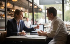 Scène photo-réaliste dans un restaurant moderne montrant un expert-comptable conseillant un restaurateur autour d’un ordinateur et de documents financiers, illustrant Le rôle de l’expert-comptable dans la réussite d’un restaurant.