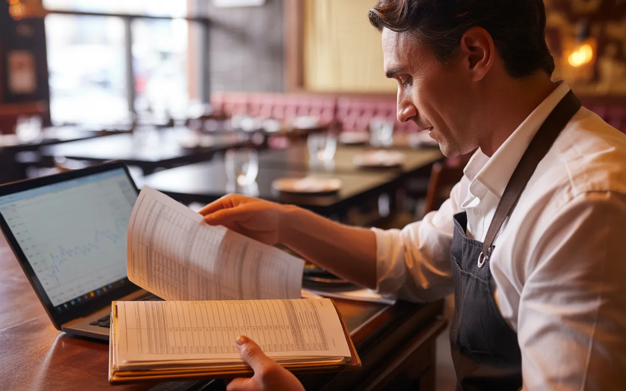 Photographie réaliste d’un restaurateur en tenue professionnelle analysant sur ordinateur et documents papier son bilan financier au restaurant, illustrant Comment interpréter son bilan comptable quand on est restaurateur ?