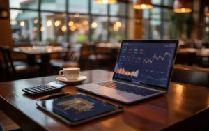 Intérieur de restaurant moderne avec ordinateur montrant un tableau de bord financier, documents et calculatrice sur une table en bois, illustrant Comment prévoir la rentabilité d’un nouveau concept de restaurant ?
