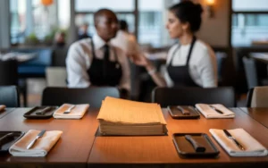 Fiche de paie en restauration : tout comprendre en 5 minutes., gros plan ultra réaliste d’une fiche de paie imprimée posée sur une table en bois clair dans un restaurant français moderne en fin de service, entourée d’un carnet de commandes, d’un stylo, d’un petit plateau et d’un torchon de serveur, avec en arrière-plan flou des serveurs en tenue professionnelle et l’ambiance chaleureuse de la salle.