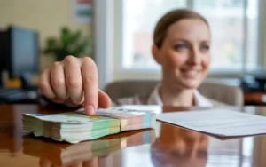 Scène photo-réaliste de Prime Macron : main posant une liasse de billets en euros près d’un bulletin de paie flouté sur un bureau moderne, avec employé de bureau souriant en arrière-plan.