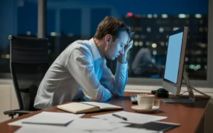 Employé de bureau fatigué travaillant tard en open space moderne, éclairé par l’écran et une lampe, dossiers empilés et ville nocturne en arrière-plan, illustrant les heures sup.