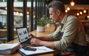 Scène photo-réaliste illustrant Comment optimiser sa fiscalité quand on possède un restaurant ? : restaurateur quadragénaire en tenue professionnelle assis dans un restaurant moderne, concentré sur un ordinateur portable affichant des graphiques colorés sans texte ni chiffres lisibles, entouré de piles de documents, classeur ouvert, calculatrice et carnet sur une table en bois, avec arrière-plan de salle contemporaine et clients flous.