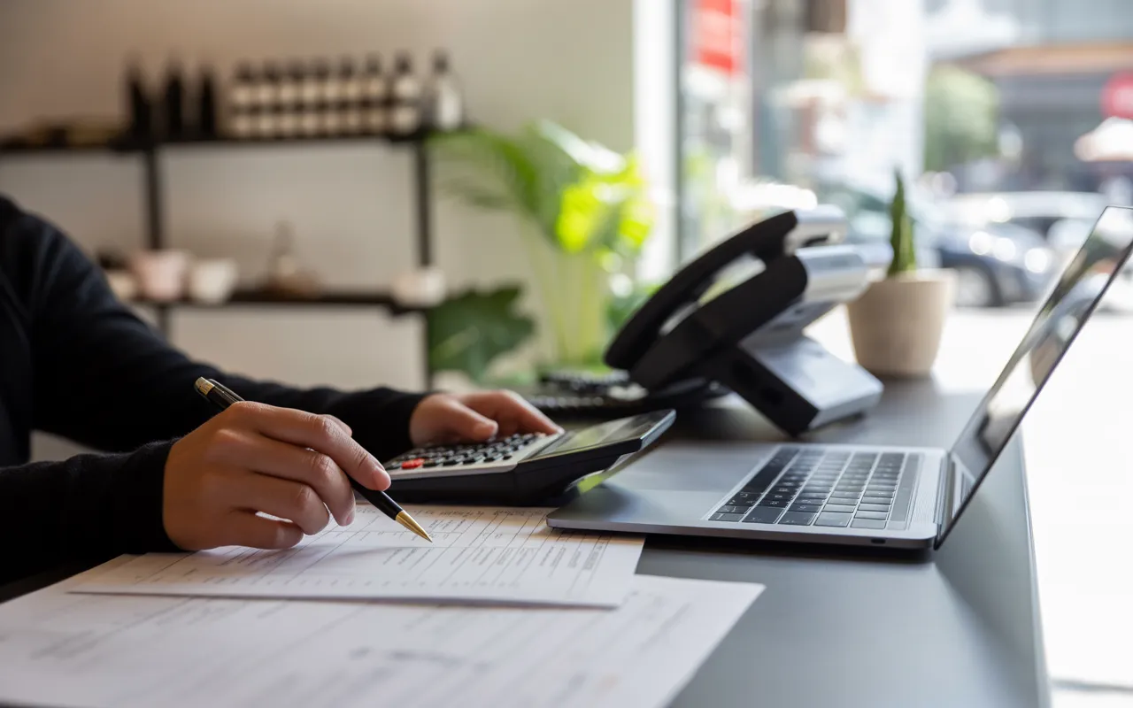 Petit commerçant moderne faisant sa comptabilité commerçant sur ordinateur portable, calculatrice et factures dans une boutique lumineuse, photo réaliste 16:9