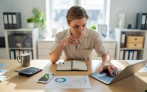 Vignette photo-réaliste d’un petit bureau moderne avec un entrepreneur travaillant sur la comptabilité TPE, mains sur un ordinateur portable et un carnet, calculatrice, graphiques et café sur un bureau en bois clair, dans un espace lumineux et organisé au style professionnel contemporain.