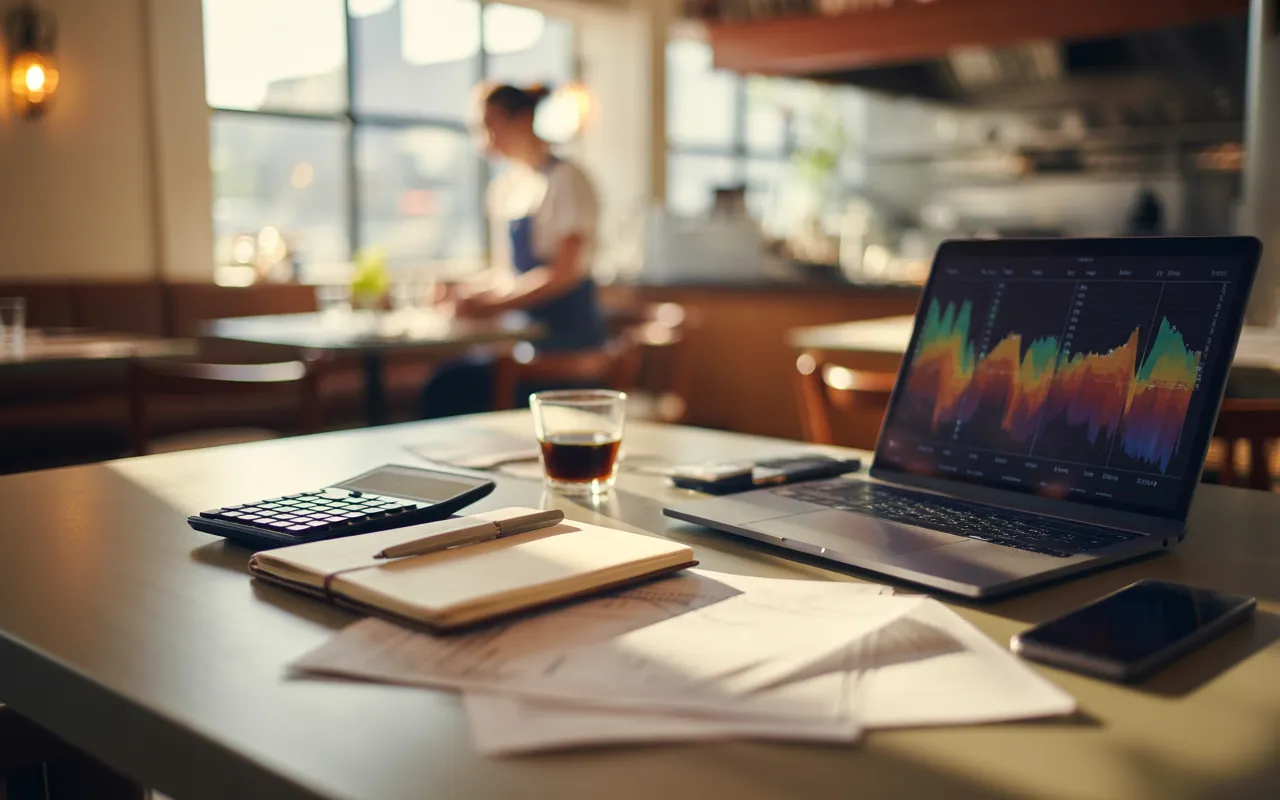 Scène photo-réaliste de comptabilité indépendant dans un petit restaurant moderne : au premier plan, sur une table en bois clair, un ordinateur portable affichant un tableau de bord comptable flou, entouré d’un carnet de notes, d’une calculatrice, de reçus et d’une tasse de café, avec en arrière-plan légèrement flou le comptoir, les tables et le restaurateur indépendant en cuisine ouverte, baignés dans une lumière naturelle chaude de fin d’après-midi.